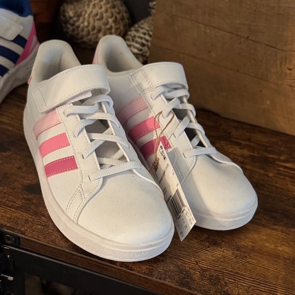 Adidas White Sneakers with Pink Stripes